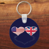英国と米国のハート国旗とティッカーテープ キーホルダー (正面)