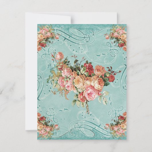 英国のばら色の花束、ヴィンテージnのモダンな渦巻の葉 出欠カード (裏面)