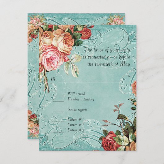 英国のばら色の花束、ヴィンテージnのモダンな渦巻の葉 出欠カード (正面/裏面)