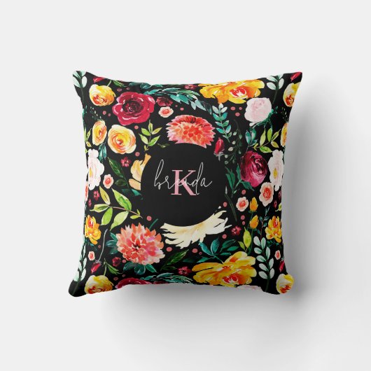 英国のカラフル庭の花の模様モノグラム クッション (裏面)