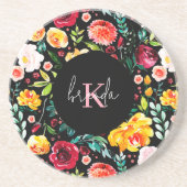 英国のカラフル庭の花の模様モノグラム コースター (正面)