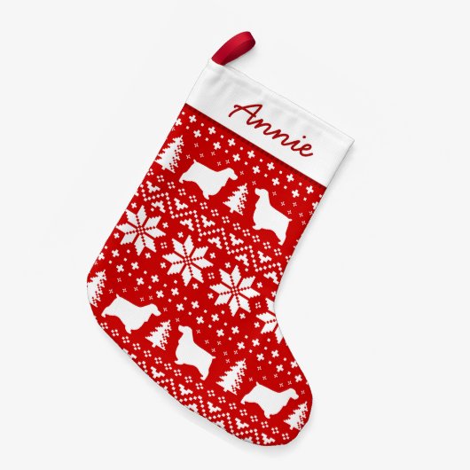 英国のコッカースパニエル犬はパターンのシルエットを描きます スモールクリスマスストッキング (正面 (吊り時))