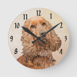 英国のコッカースパニエル犬絵画ズ-オリジナルドッグアート ラウンド壁時計