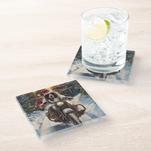 英国のセッタードッグにオートバイクリスマスに乗る ガラスコースター (アングル)