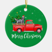 英国のセッタードッグ赤いトラックのクリスマスに乗る セラミックオーナメント (正面)