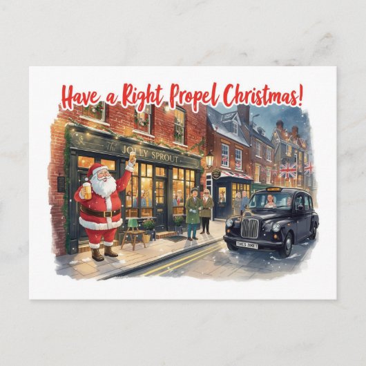 英国のパブでサンタクロースを描いたクリスマスカード シーズンポストカード (正面)
