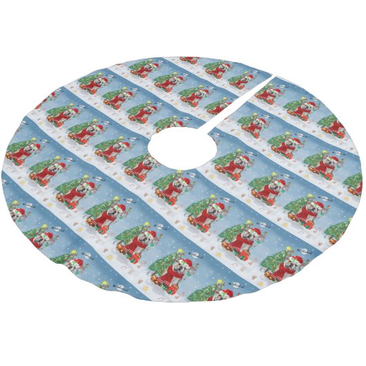 英国のブルドッグが雪の中、クリスマスプレゼントを投げる ブラッシュドポリエステルツリースカート (アングル)