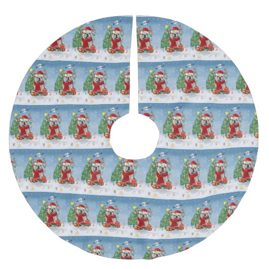 英国のブルドッグが雪の中、クリスマスプレゼントを投げる ブラッシュドポリエステルツリースカート (正面)