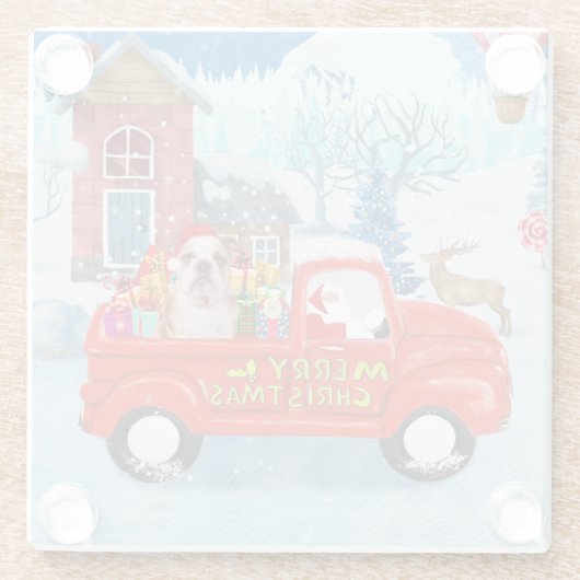 英国のブルドッグでクリスマス配信トラック雪 ガラスコースター (裏面)