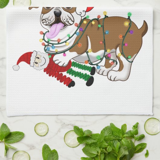 英国のブルドッグとクリスマスライトロングエプロン キッチンタオル (折り畳み)