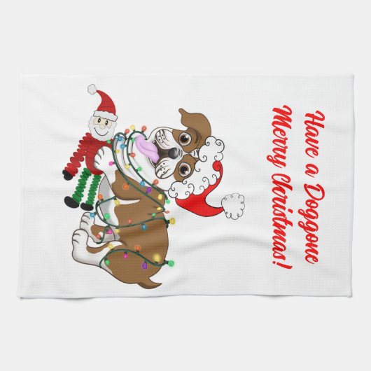 英国のブルドッグとクリスマスライトロングエプロン キッチンタオル (横)