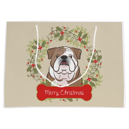 英国のブルドッグのメリーなChristmanのギフトバッグ ラージペーパーバッグ (正面)