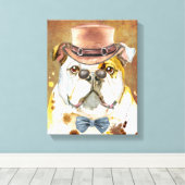 英国のブルドッグは帽子の眼鏡の水色を身に着けている キャンバスプリント (インサイチュ (ウッドフロア))