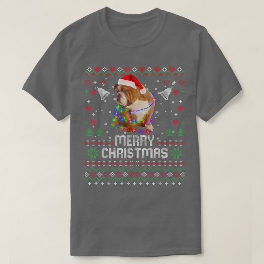 英国のブルドッグサンタハットドッグクリスマスツリーライト Tシャツ (デザイン正面)