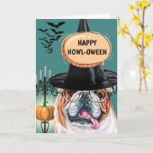 英国のブルドッグ可愛い犬の魔女めでたくさん泣く カード (黄色い花)