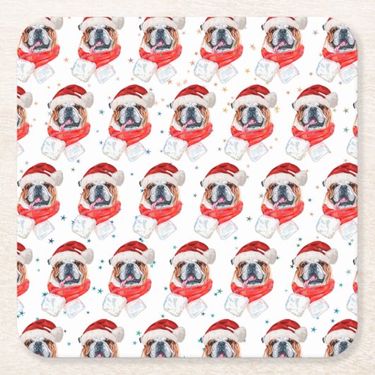 英国のブルドッグ犬がクリスマスを育てる スクエアペーパーコースター (正面)