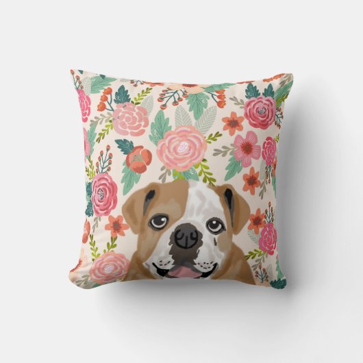 英国のブルドッグ花模様のピローペットポートレート クッション (正面)