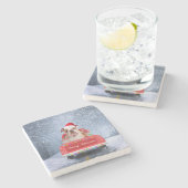 英国のブルドッグ雪のクリスマストラックに座って ストーンコースター (横)