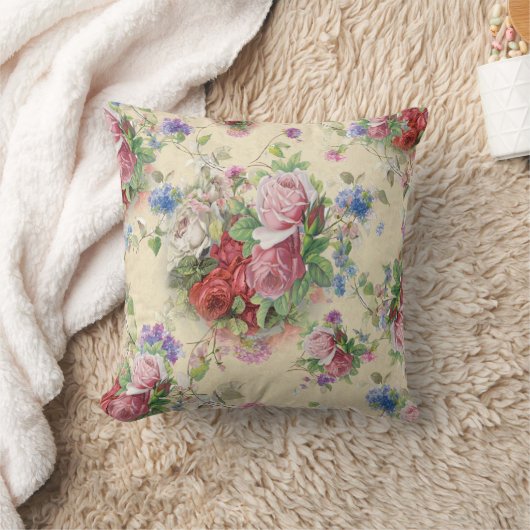 英国の国のピンクの赤い茶バラの花束のヴィンテージ クッション (ブランケット)