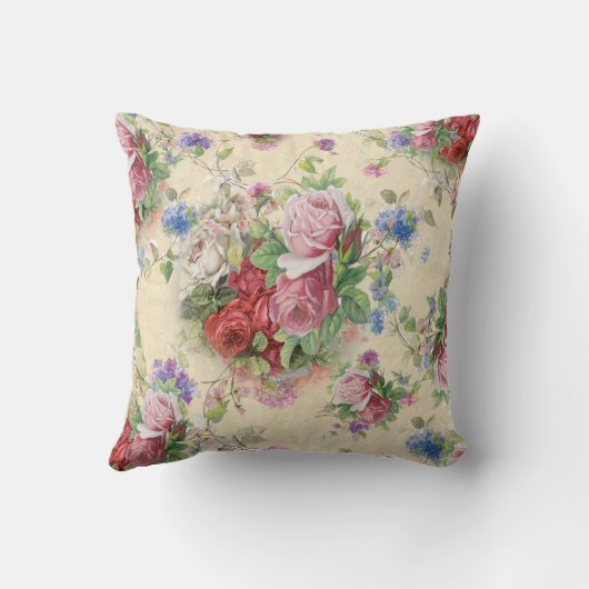 英国の国のピンクの赤い茶バラの花束のヴィンテージ クッション (裏面)