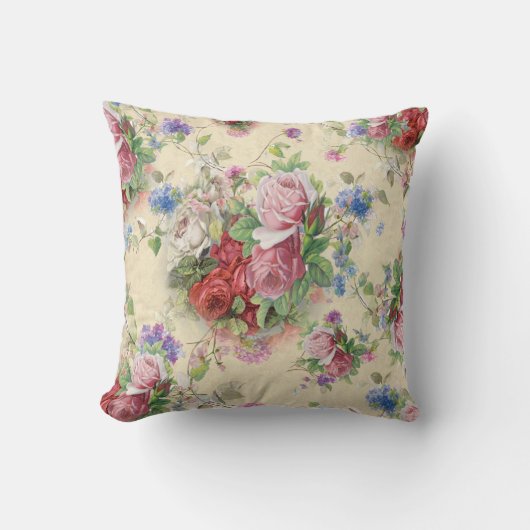 英国の国のピンクの赤い茶バラの花束のヴィンテージ クッション (正面)