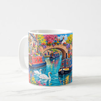 英国の堀割の村のカラフルな狭い船 コーヒーマグカップ