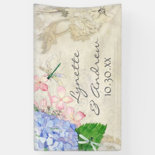 英国の庭のアジサイwのトンボの水彩画 横断幕 (縦)