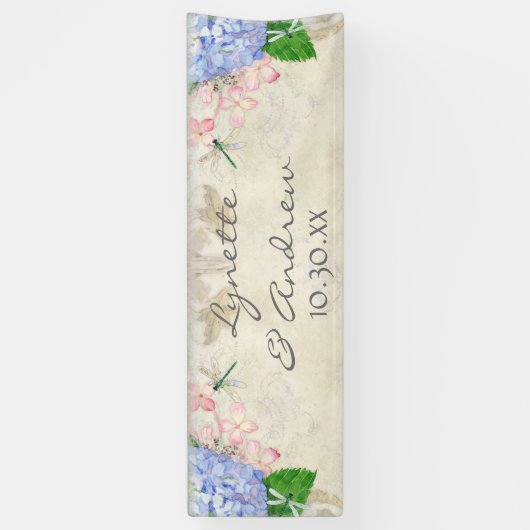 英国の庭の青いアジサイのトンボの水彩画 横断幕 (縦)