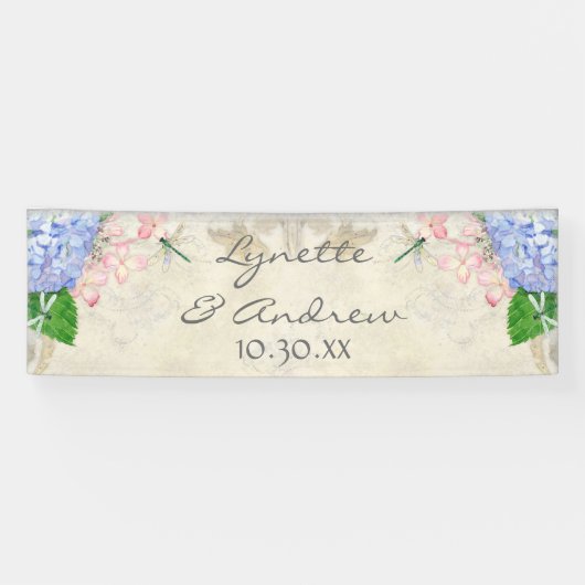 英国の庭の青いアジサイのトンボの水彩画 横断幕 (横)