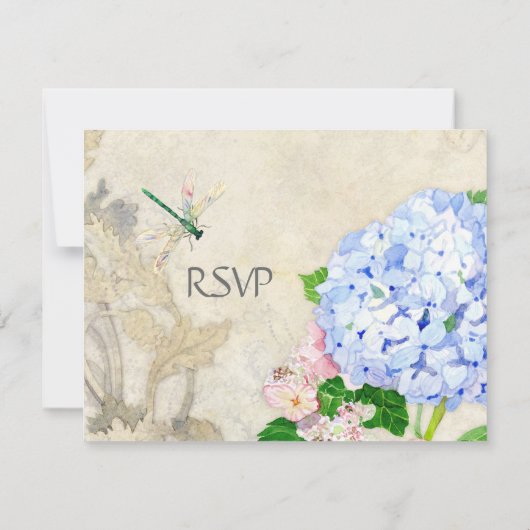 英国の庭、青いnのピンクのアジサイの水彩画 出欠カード (裏面)