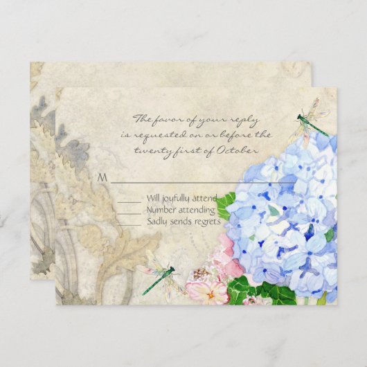 英国の庭、青いnのピンクのアジサイの水彩画 出欠カード (正面/裏面)