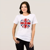 英国の旗のひまわりダメージ加工デザインの女性用 トライブレンドTシャツ (正面全面)