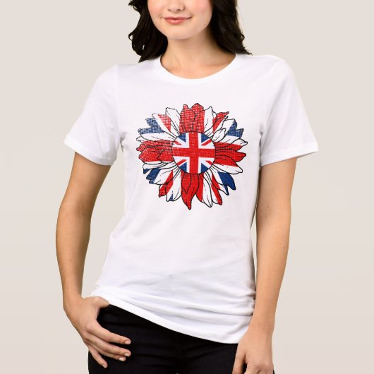 英国の旗のひまわりダメージ加工デザインの女性用 トライブレンドTシャツ (正面)