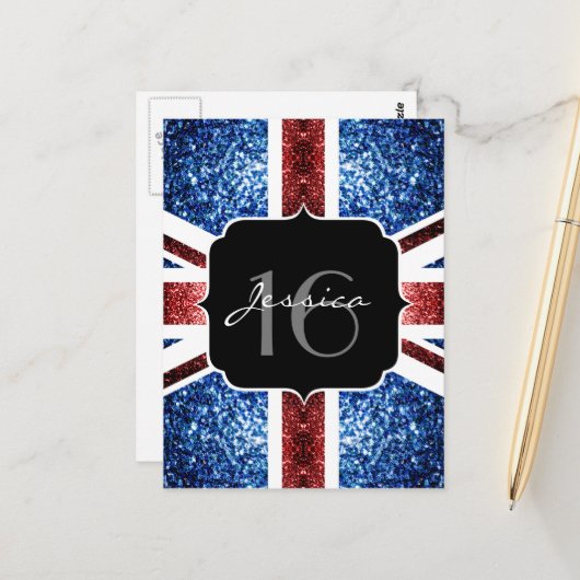 英国の旗 赤 青 キラキラ グリッター スイート16 ポストカード (正面/裏面インサイチュ)