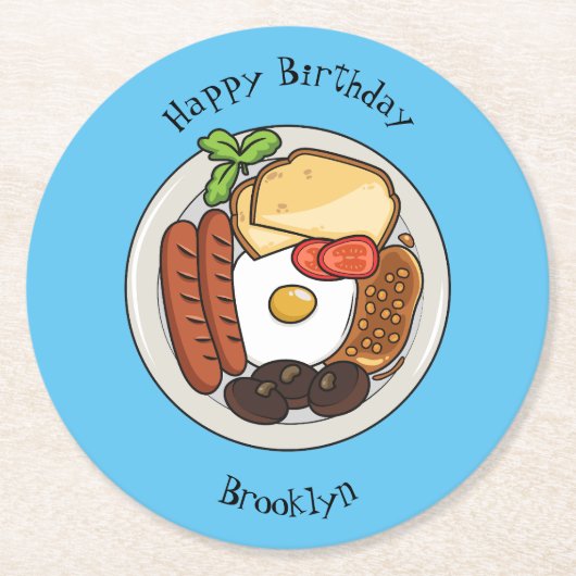 英国の朝食の漫画イラストレーション ラウンドペーパーコースター (正面)