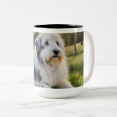 英国の牧羊犬が野原に横たわっている ツートーンマグカップ (正面右)