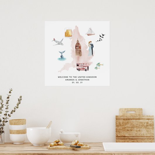 英国の目的地のウェディングウェルカムの水彩地図 ポスター (キッチン)