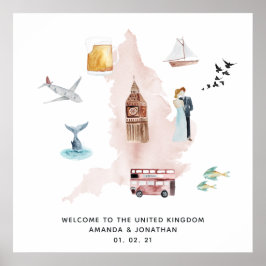 英国の目的地のウェディングウェルカムの水彩地図 ポスター