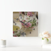 英国の花のティーポットのティーカップの壁Clcok スクエア壁時計 (ホーム)