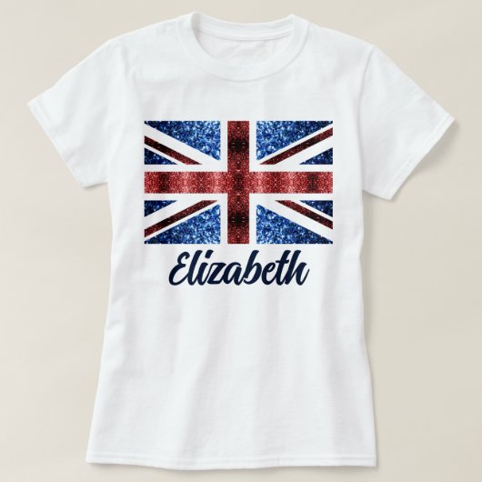 英国の赤と青のスパークルグリッター カスタム名 Tシャツ (デザイン正面)
