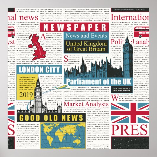 英国やロンドンの新聞とのシームレスなパターン。パグ ポスター (正面)