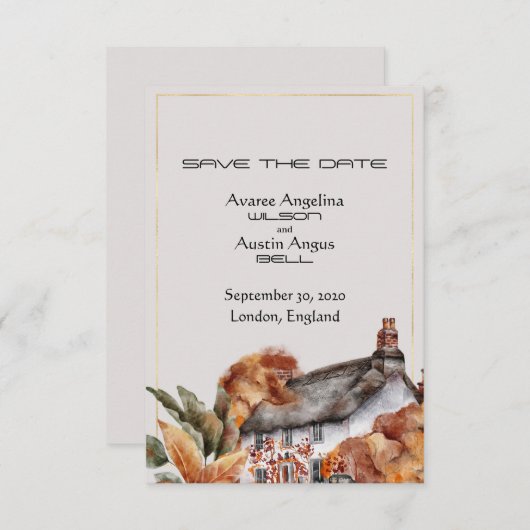 英国わらぶき屋根の結婚式の日付を保存 セーブザデート (正面/裏面)