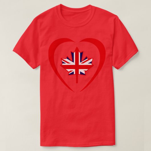 英国カナダ多国籍愛国国旗のハート Tシャツ (デザイン正面)