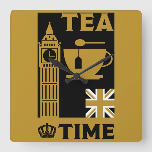 英国クラシック茶の飲み物 スクエア壁時計 (正面)