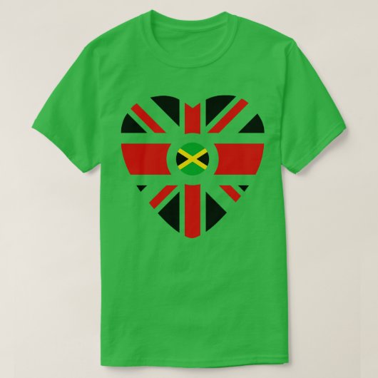 英国ジャマイカ多国籍愛国国旗のハート Tシャツ (デザイン正面)