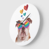 英国ブルドッグとハートバレンタインデー ラージ壁時計 (傾斜)