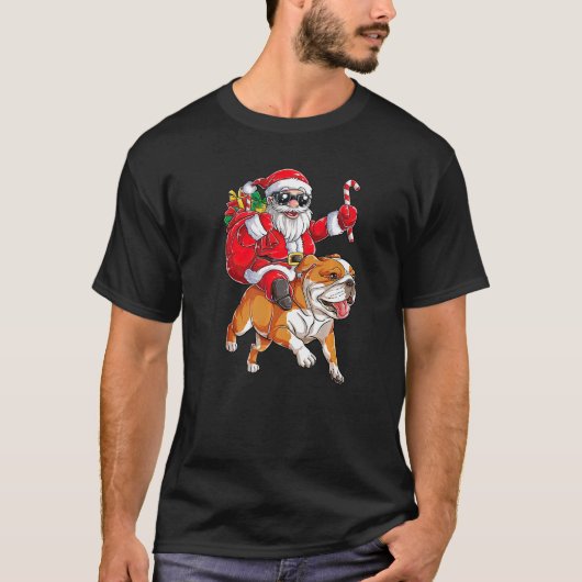 英国ブルドッグに乗るクリスマスサンタクロースメリー Tシャツ (正面)