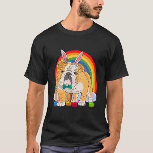 英国ブルドッグイースターラビットバニー耳の犬 Tシャツ (正面)