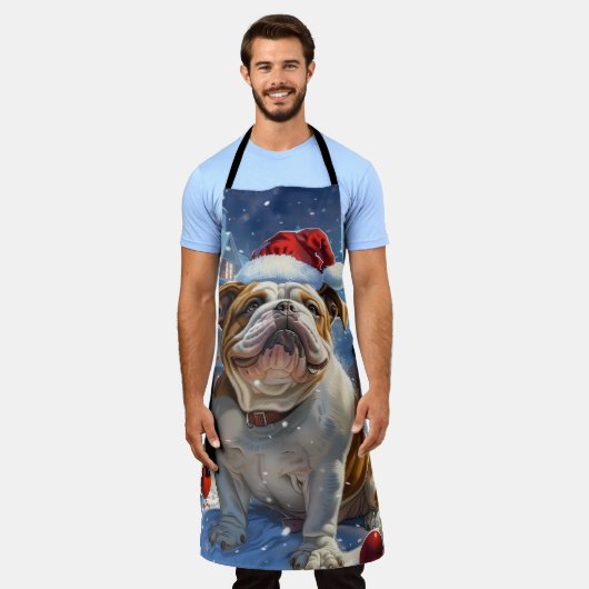 英国ブルドッグウィンターワンダーランドクリスマスジョイ エプロン (着用した状態)