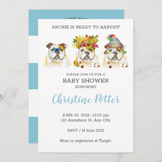 英国ブルドッグウォーターカラーベビーシャワー招待状 招待状 (正面/裏面)